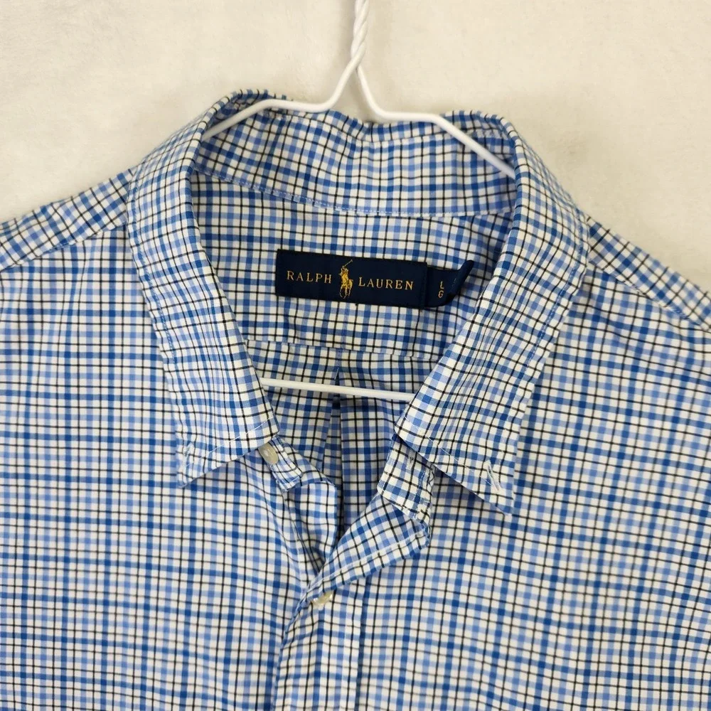 Ralph Lauren Mens L Blue Check Oxford Shirt Classic Fit‎ Long Sleeve Polo Logo
